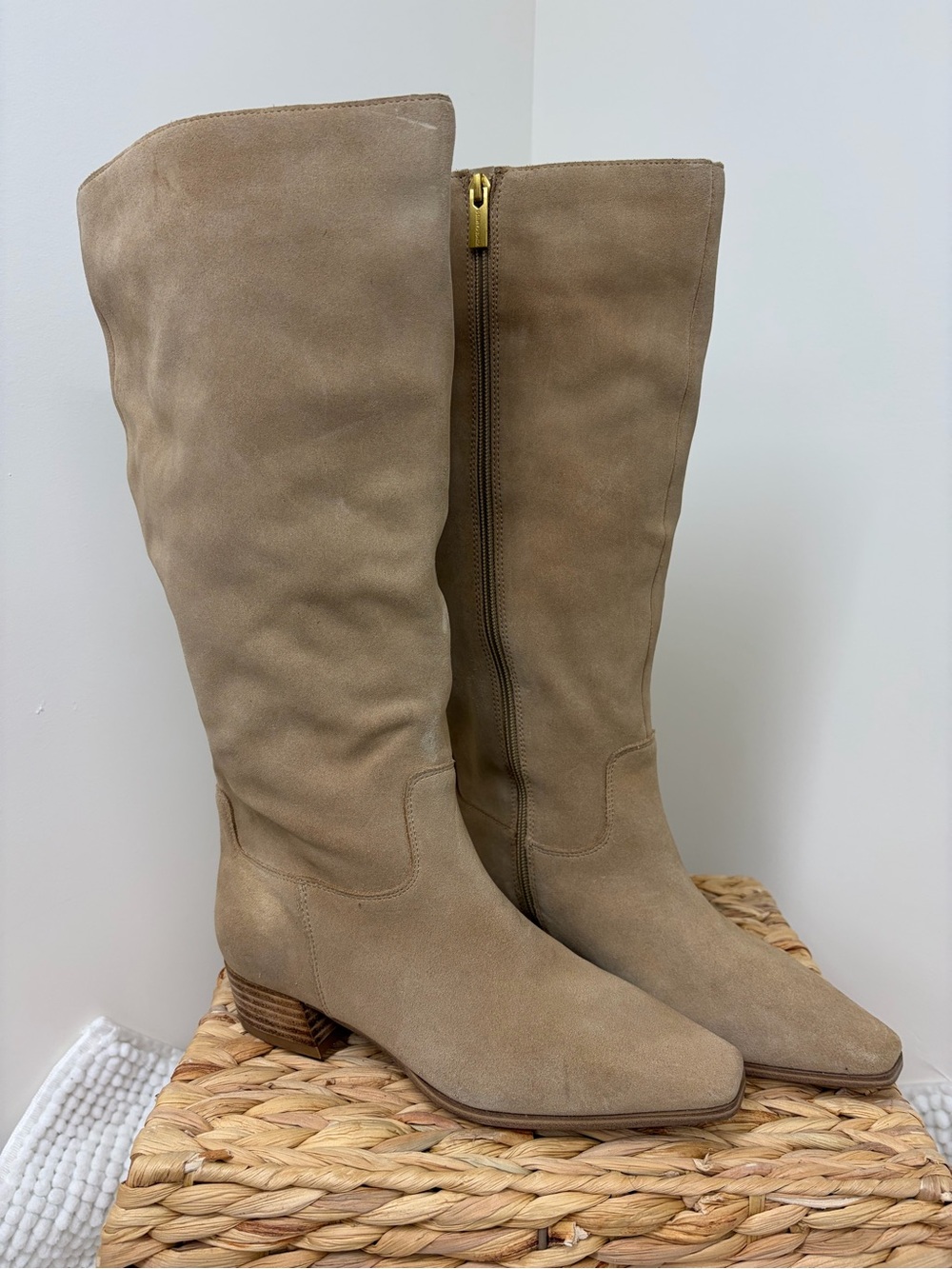 Vince Camuto Tan Suede Over-The-Knee Boots with Gold Zipper